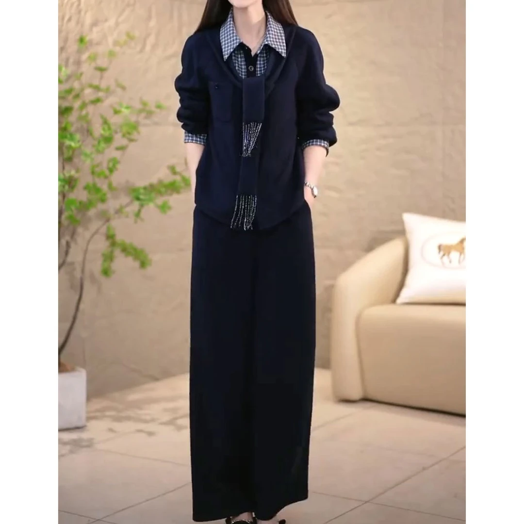 2025秋冬新款翻领时尚显瘦格纹长裤套装女宽松套头上衣遮肉直筒裤