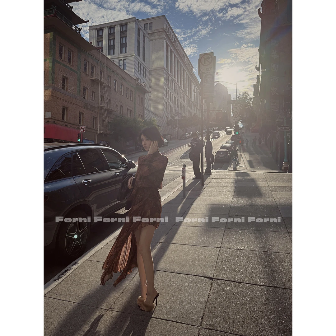 FORNI 琥珀流光 波西米亚风碎花雪纺连衣裙