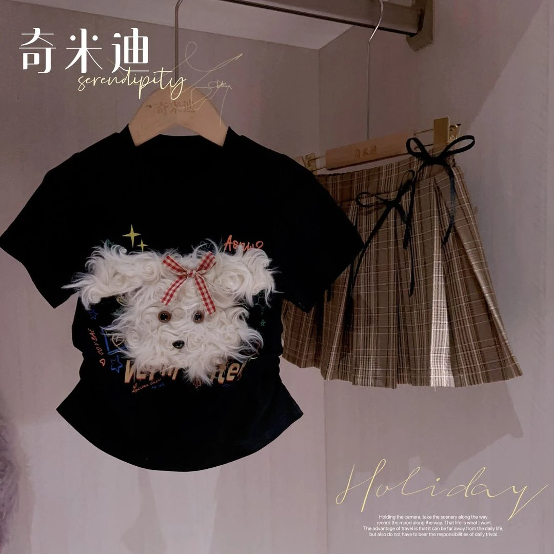 女童夏季套装2025新款时髦韩版短袖宝宝网红百褶裙