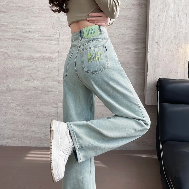 刺绣直筒牛仔裤女2025年春季新款高腰显瘦宽松阔腿裤拖地裤窄版