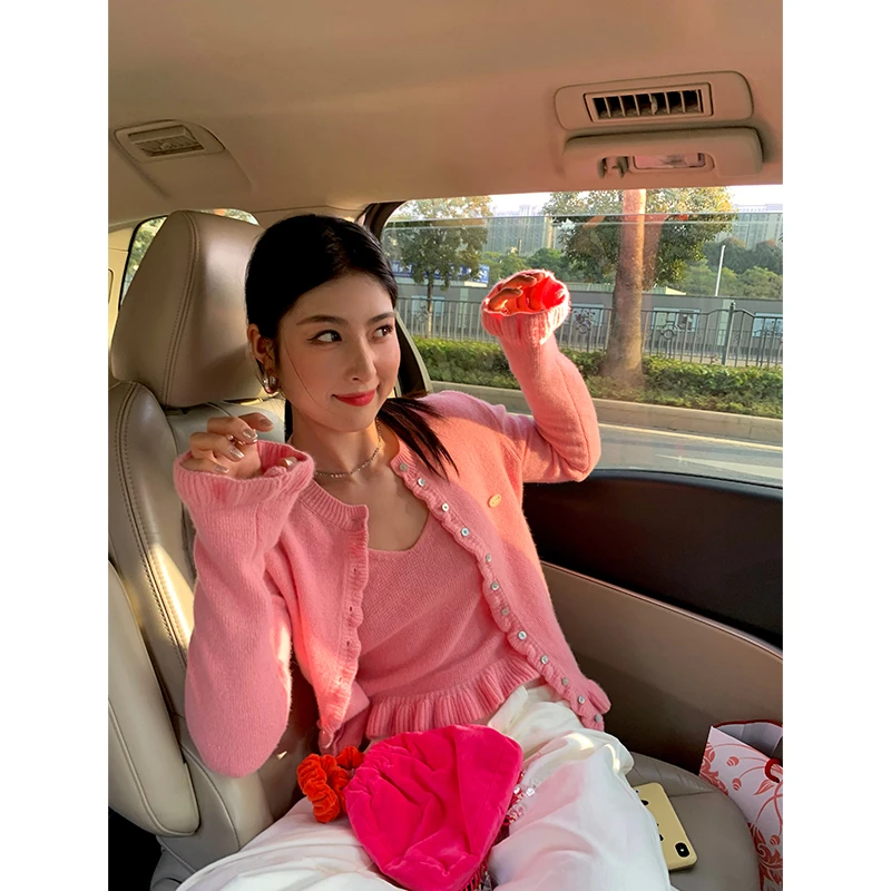 今屿花花 新年换新衣2025新款早春粉色两件套毛衣女毛线衣+背心
