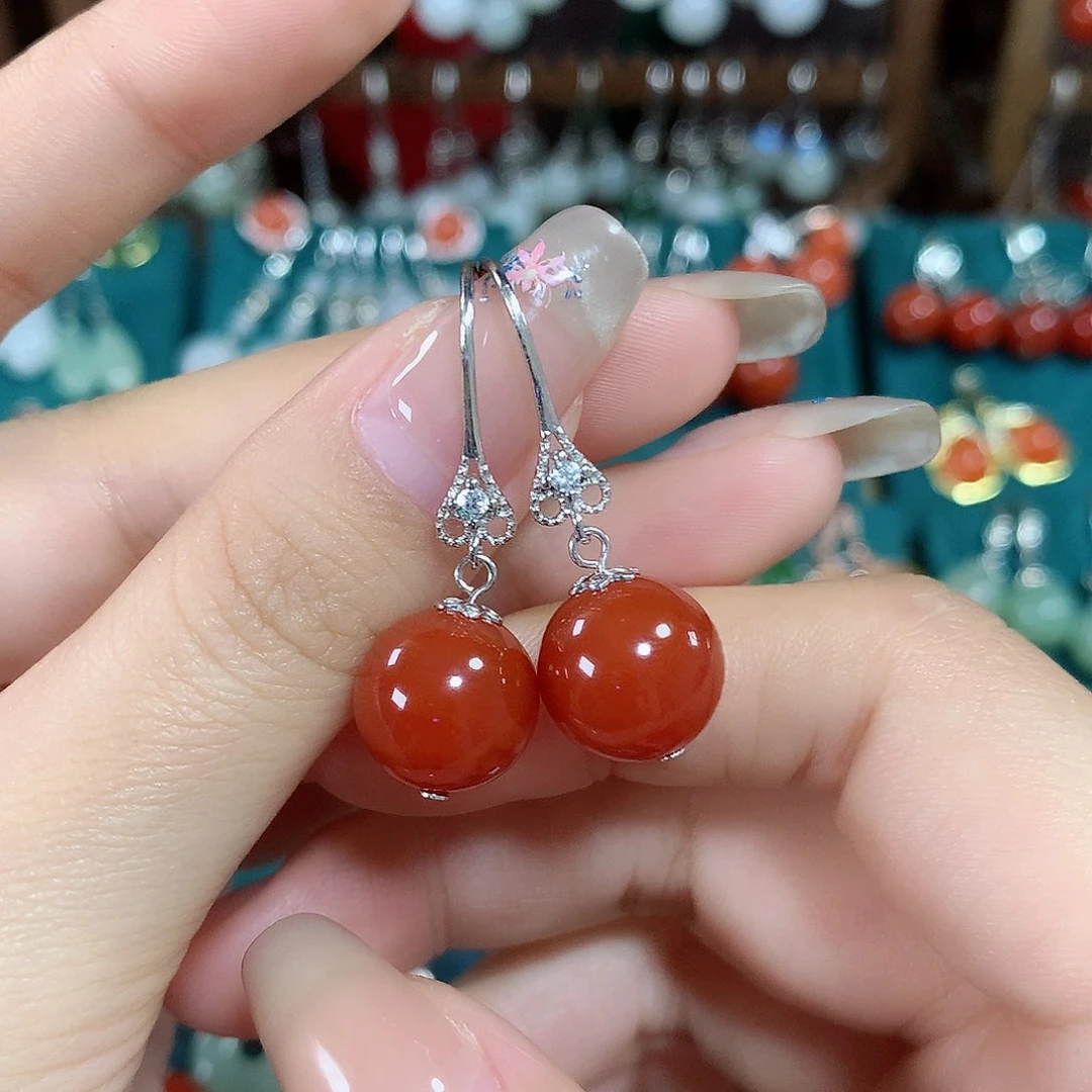 玛瑙/玉髓耳饰银S925镶嵌天然红玛瑙12mm左右