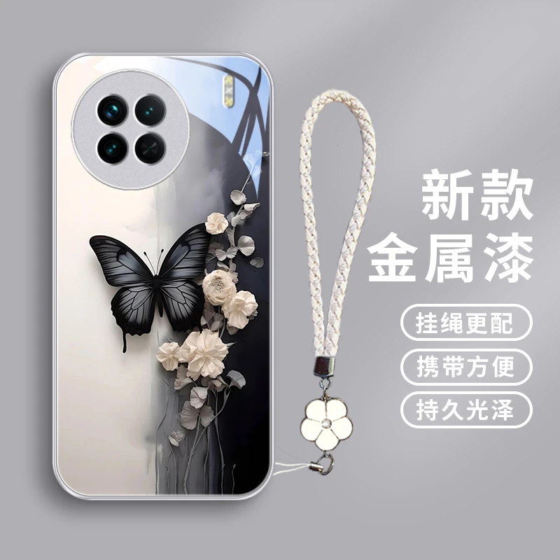 黑色蝴蝶适用vivox90s手机壳vivoX80pro玻璃壳X90pro+女款x80高级