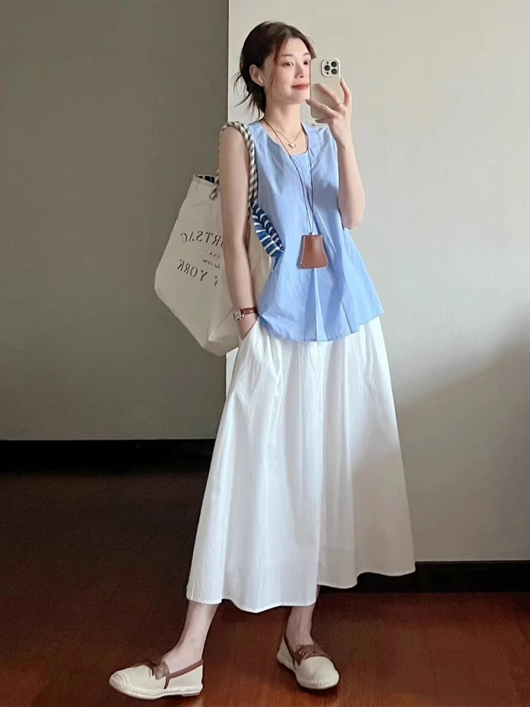韩系温柔风休闲套装女夏季甜美减龄无袖背心上衣高腰半身裙两件套