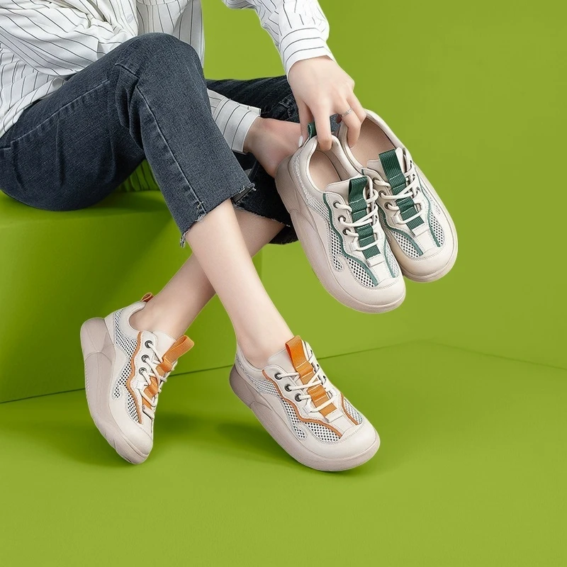 [新款]~夏季真皮网面透气运动风凉鞋圆头透气拼色百搭女鞋软底