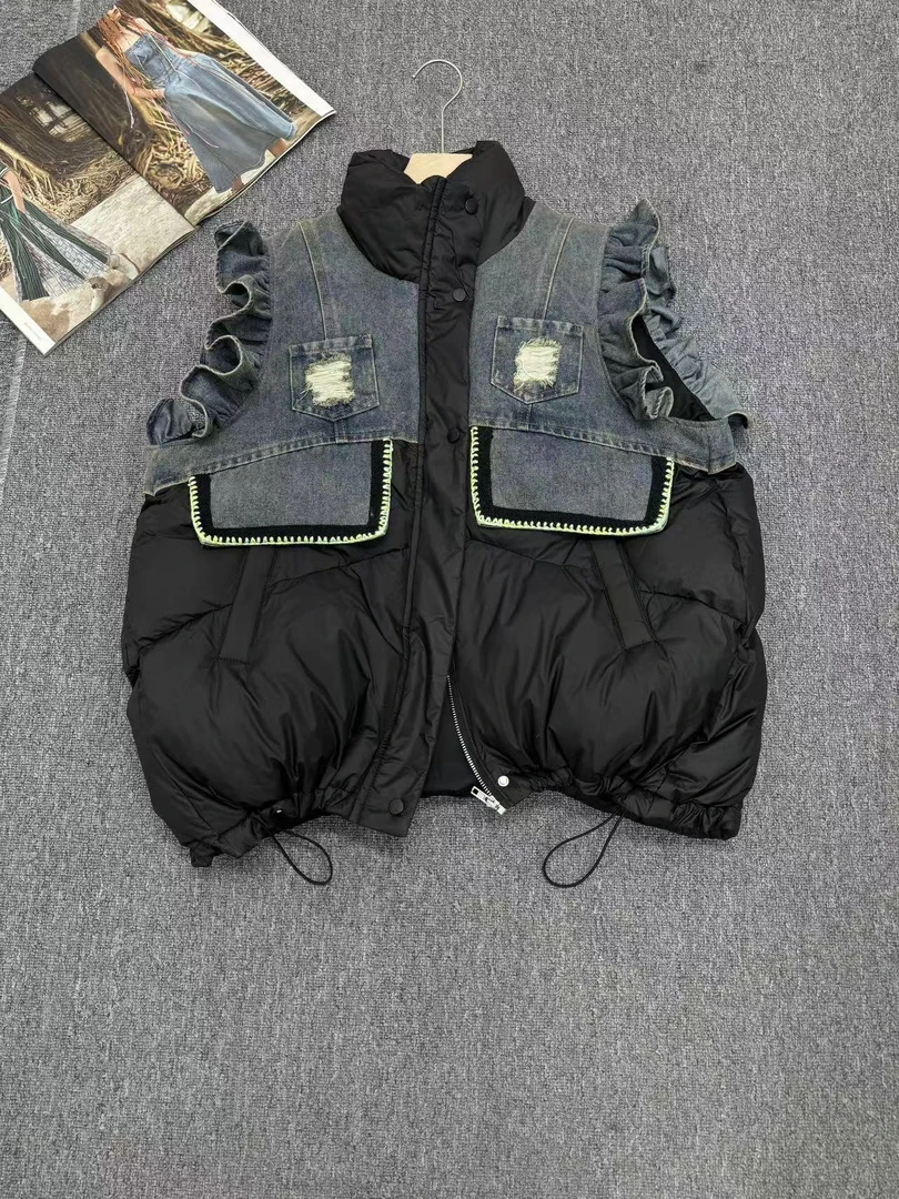 欧货女装原创拼接牛仔飞飞袖立领棉马甲