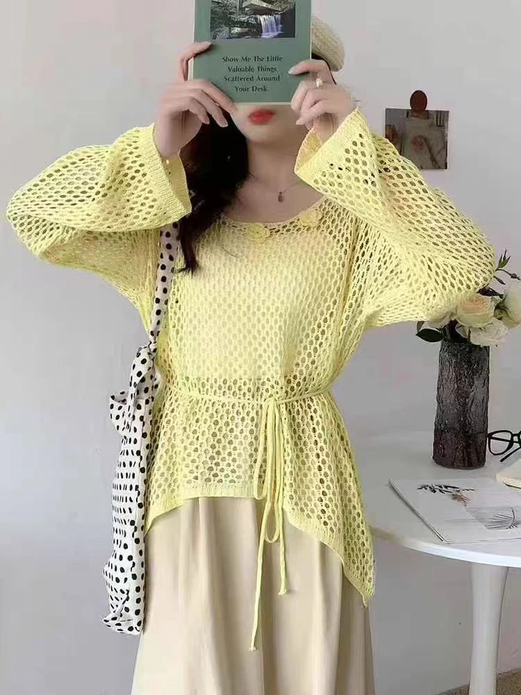 秋季温柔风宽松型不规则镂空小清新度假慵懒风长袖针织衫两件套