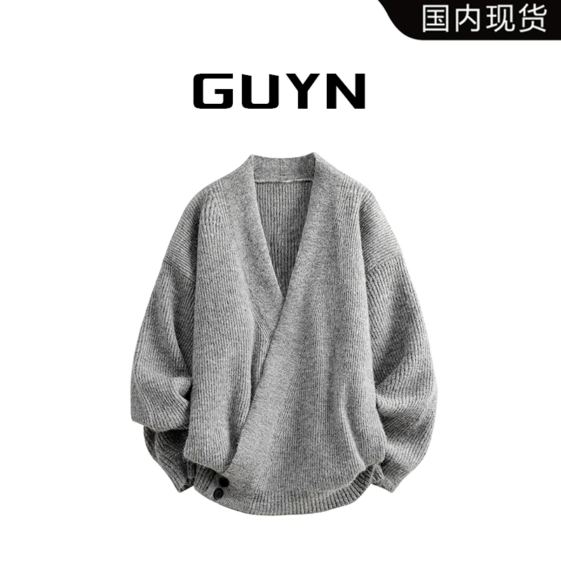 【品牌现货】GUYN春秋季纯色慵懒风羊毛衣男士复古针织衫开衫上衣