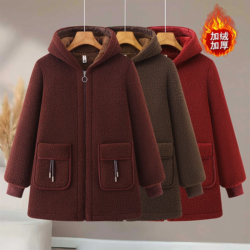 中老年女装秋冬仿羊羔绒大衣加绒加厚胖妈妈装冬季颗粒绒保暖外套