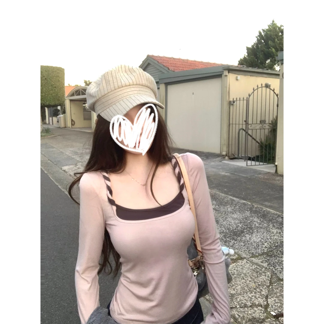 秋季新款时尚洋气百搭大方领撞色扭结假两件长袖T恤女打底衫上衣