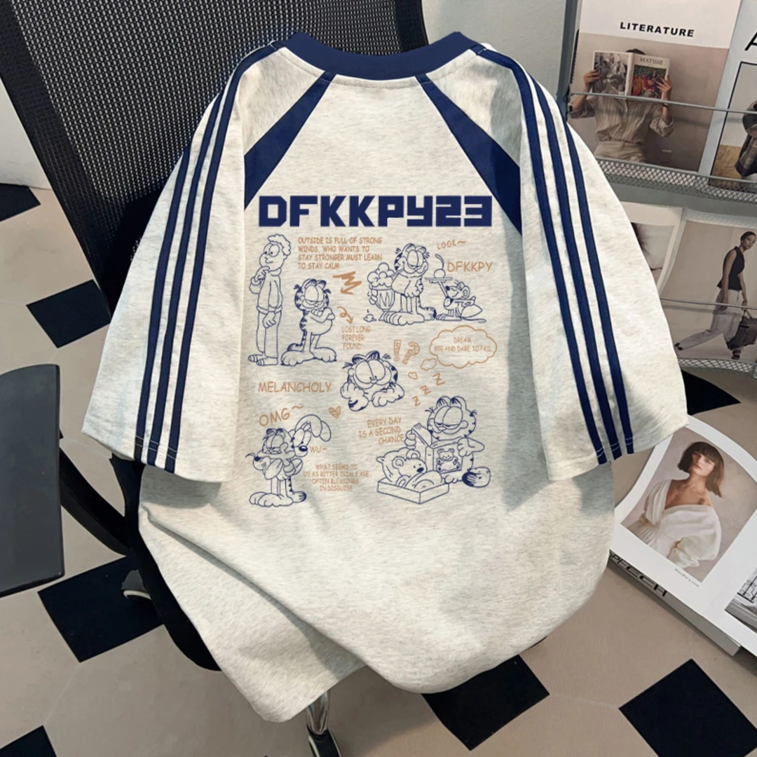 美式280g纯棉短袖T恤男街头插肩袖三条杠上衣夏季vintage百搭宽松