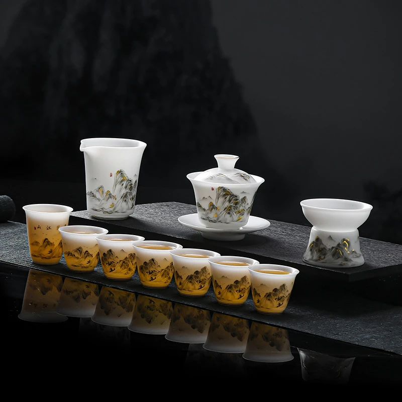 功夫茶具冰种玉瓷三才盖碗套装高档礼盒批发千里江山家用办公送礼