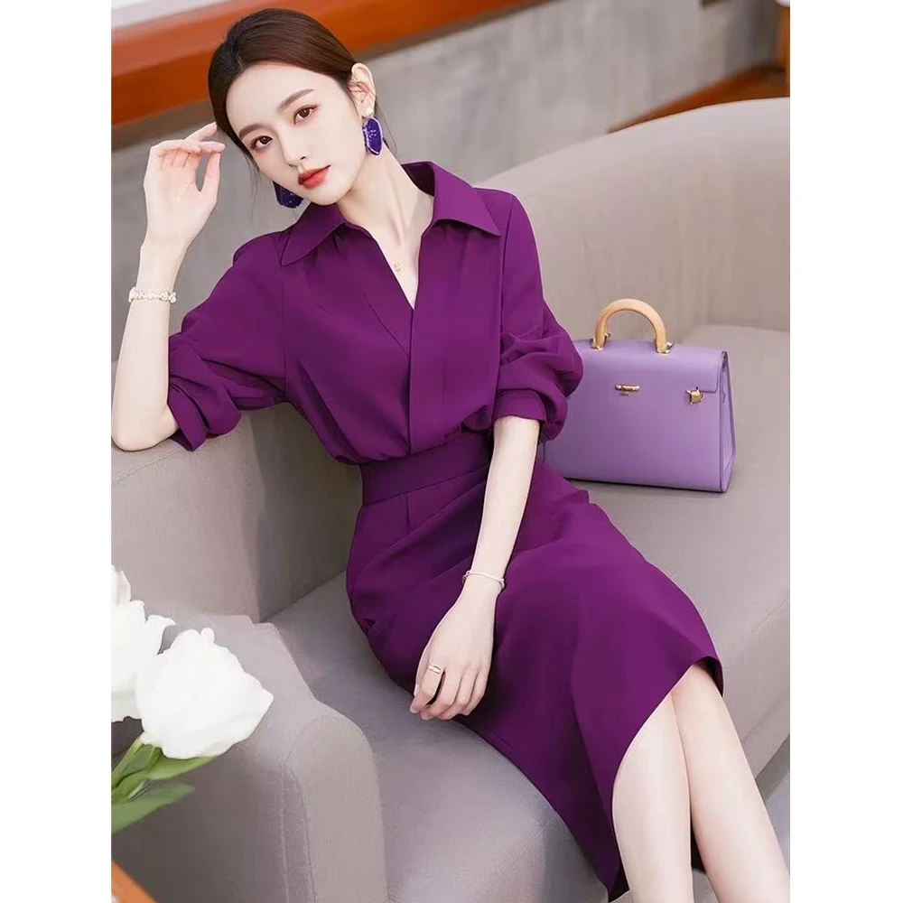开春气质穿搭轻奢高级感洋气大方得体上班通勤紫色衬衫连衣裙套装