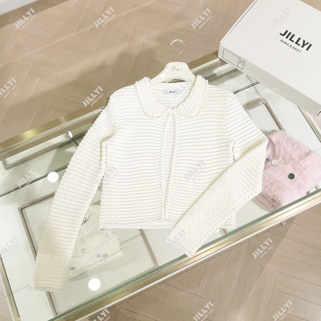 JILLYI【珍珠幕帘】白色手缝珍珠条纹镂空工艺时尚百搭针织开衫