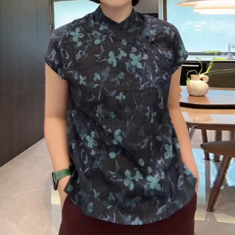 复古中式风碎花立领斜襟衬衫女新款轻薄透气松弛减龄显瘦盘扣上衣