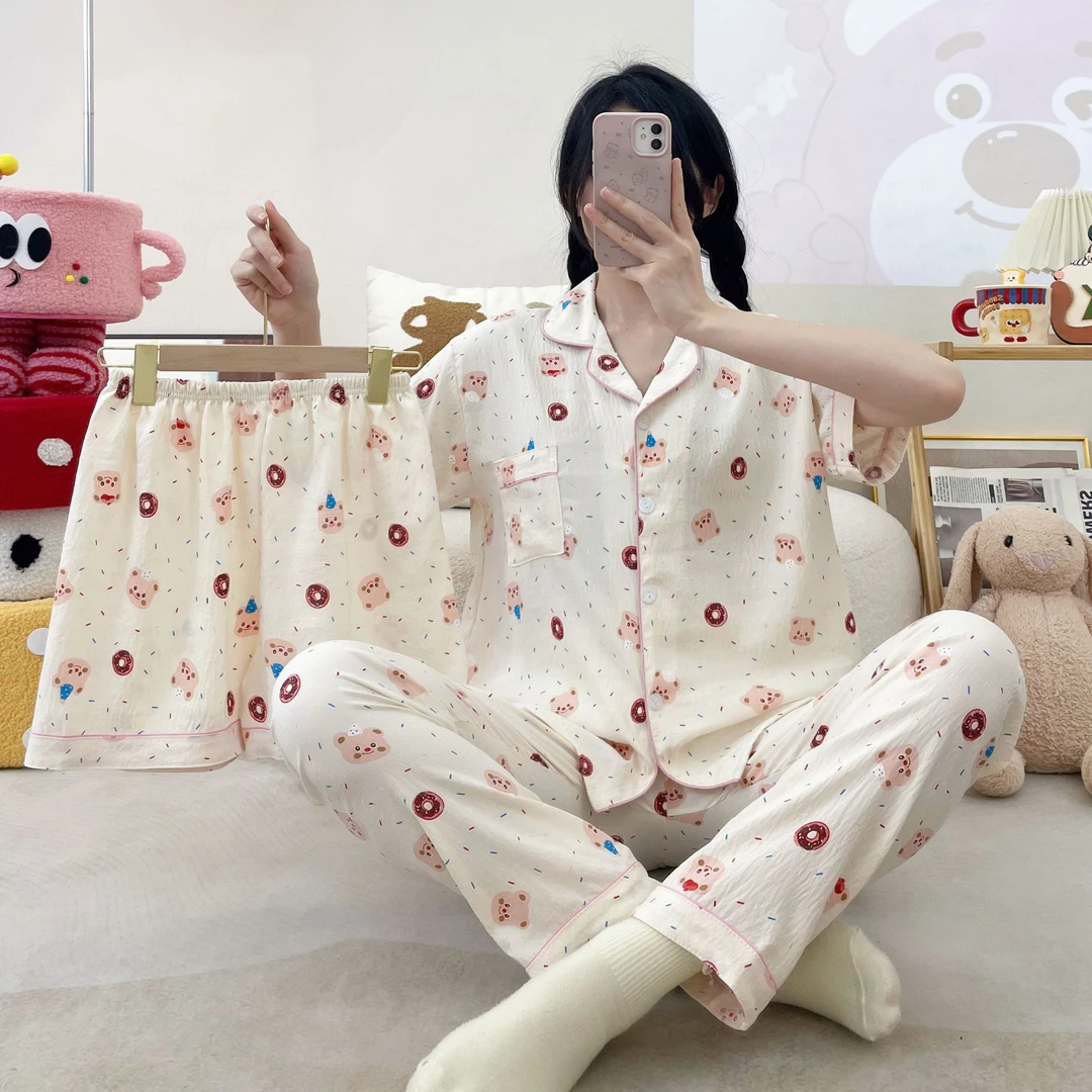 跨境日韩云朵棉睡衣三件套女生春夏季可爱甜美印花家居服套装卡通