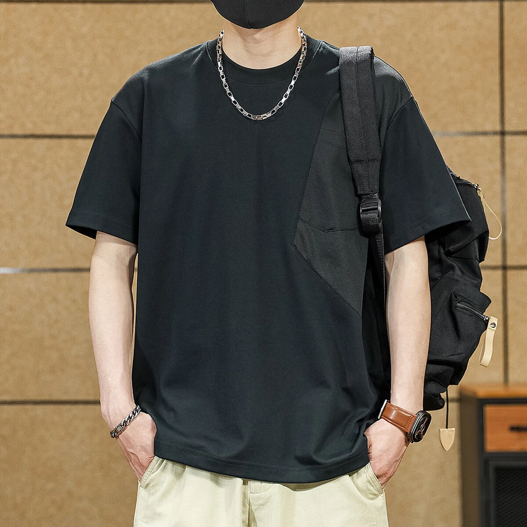 设计感拼接短袖t恤男士潮牌口袋上衣夏季凉感宽松圆领半袖体恤男