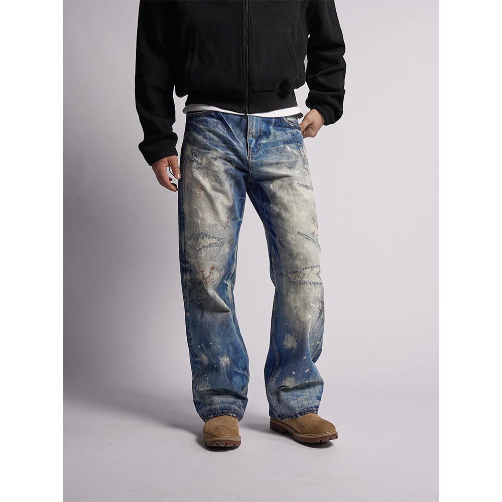 DOKIE【软蛋】15盎司油污手工做旧复古宽松直筒牛仔裤32082