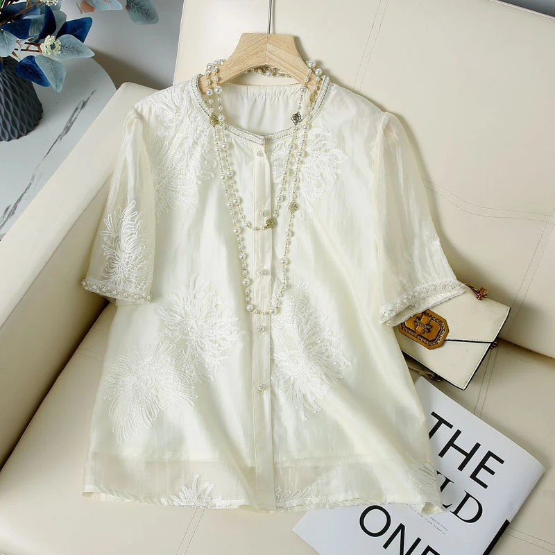 新中式国风钉珠刺绣短袖气质女士小衫
