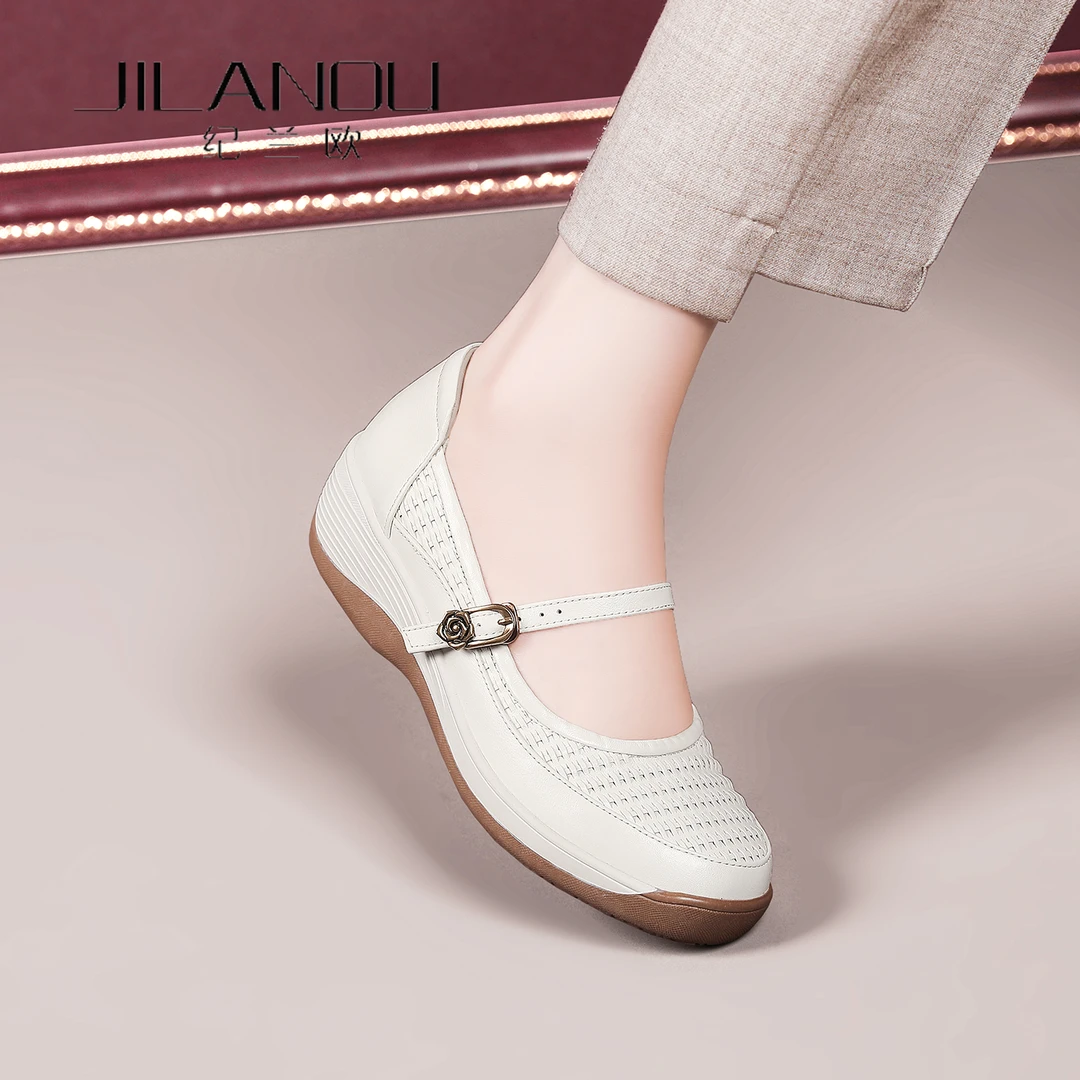 编织真皮浅口单鞋女2025春秋新款坡跟厚底妈妈软底休闲玛丽珍女鞋