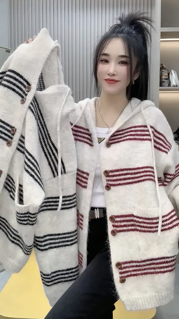 韩系慵懒风条纹连帽毛衣外套女秋冬中长款高级感宽松针织开衫上衣
