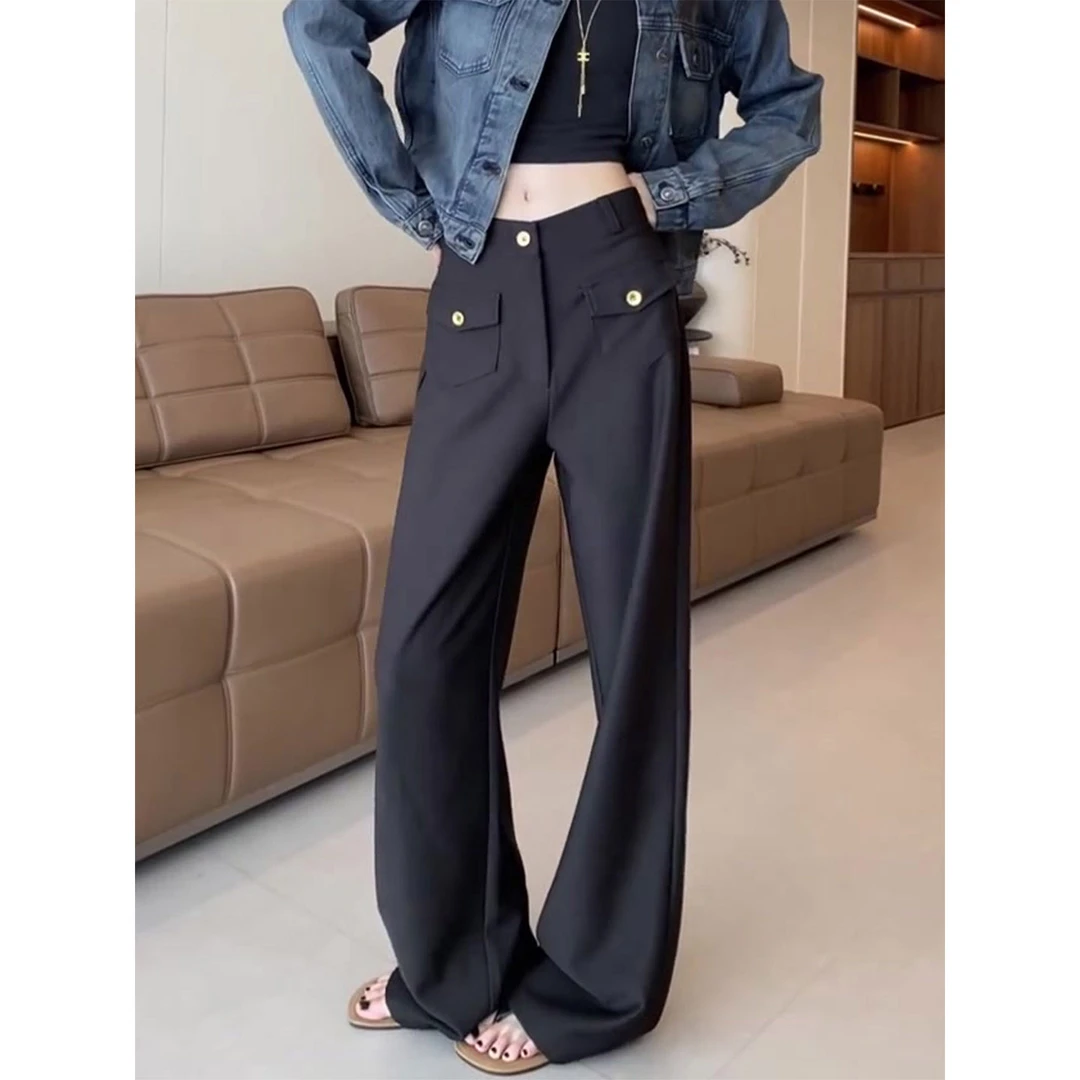 黑色简约直筒阔腿休闲裤女秋季大码梨型身材宽松遮胯显瘦西装裤子