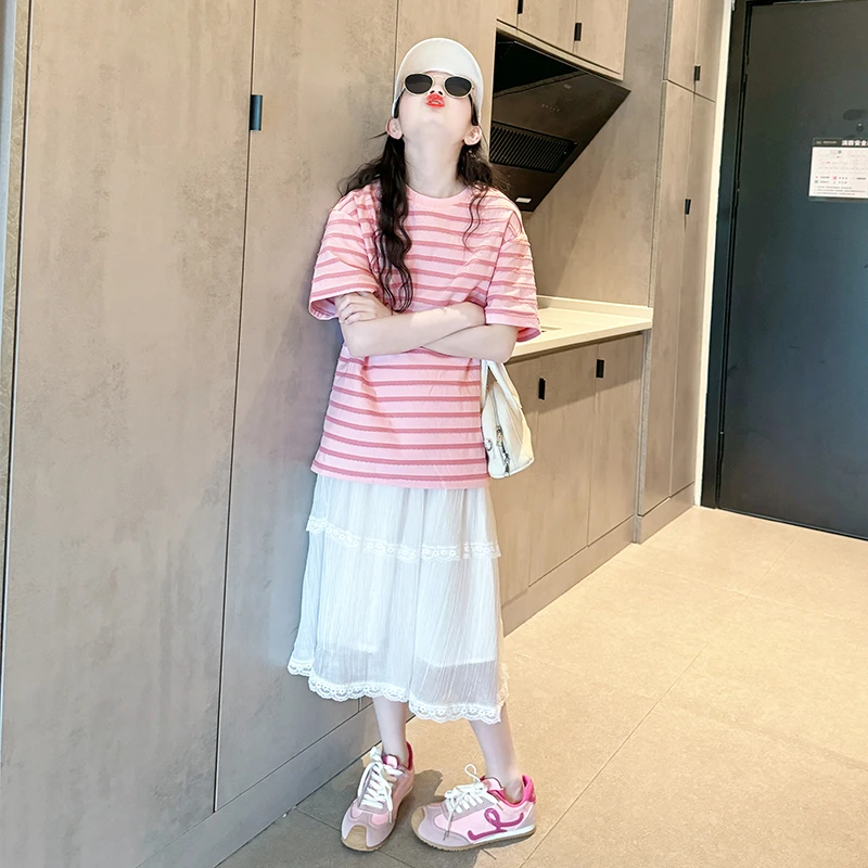 女童韩版洋气条纹短袖t2025夏款儿童时尚透气T恤中大童休闲百搭