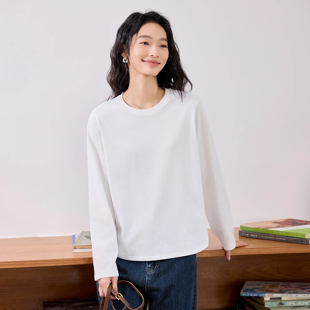茵曼春秋新款纯色圆领纯棉长袖时尚休闲百搭简约宽松女士套头上衣