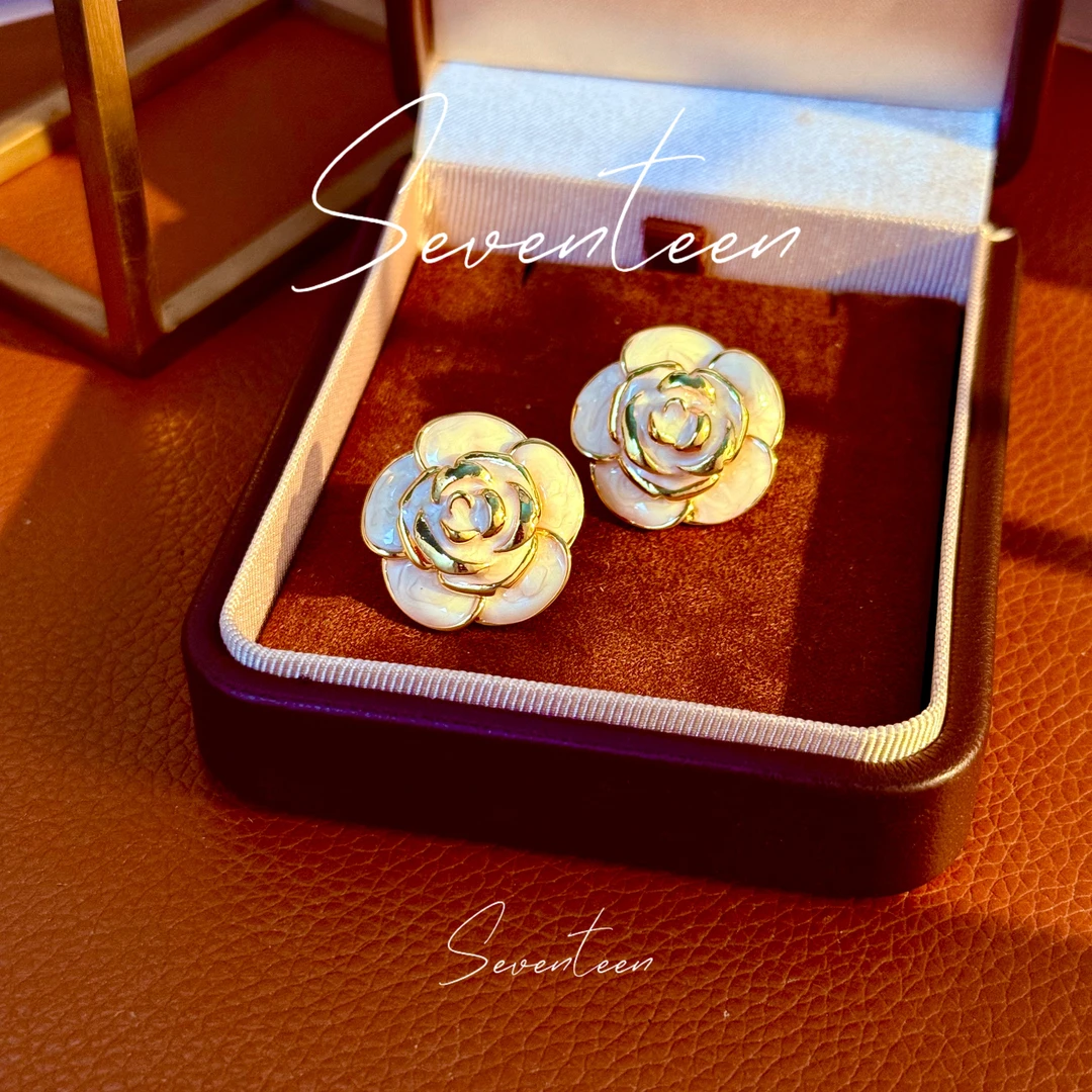 黄铜耳饰 <925银针>复古优雅法式轻奢【山茶花】RF-185白