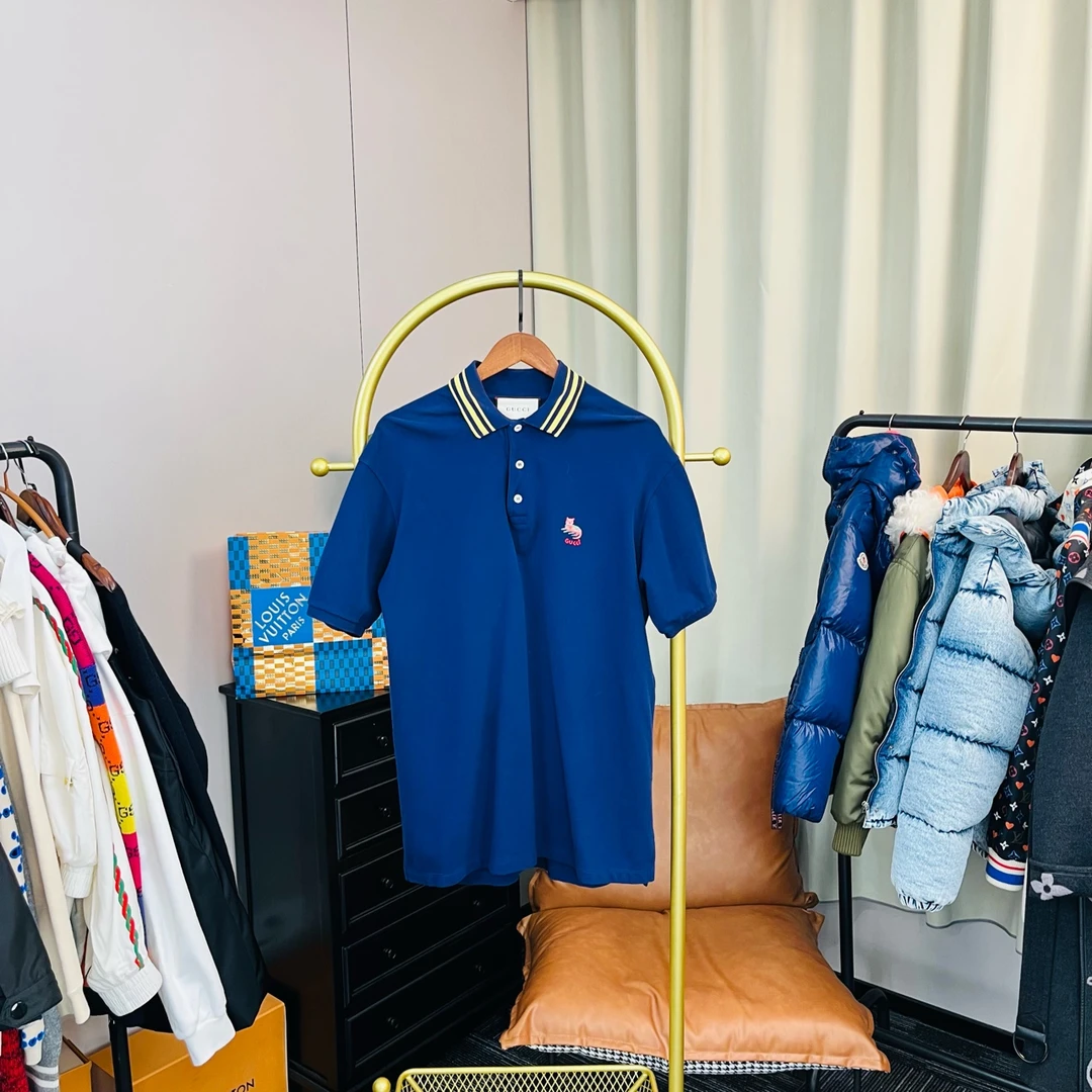 99新 GUCCI/古驰 蓝色新款小猫polo短袖 L码