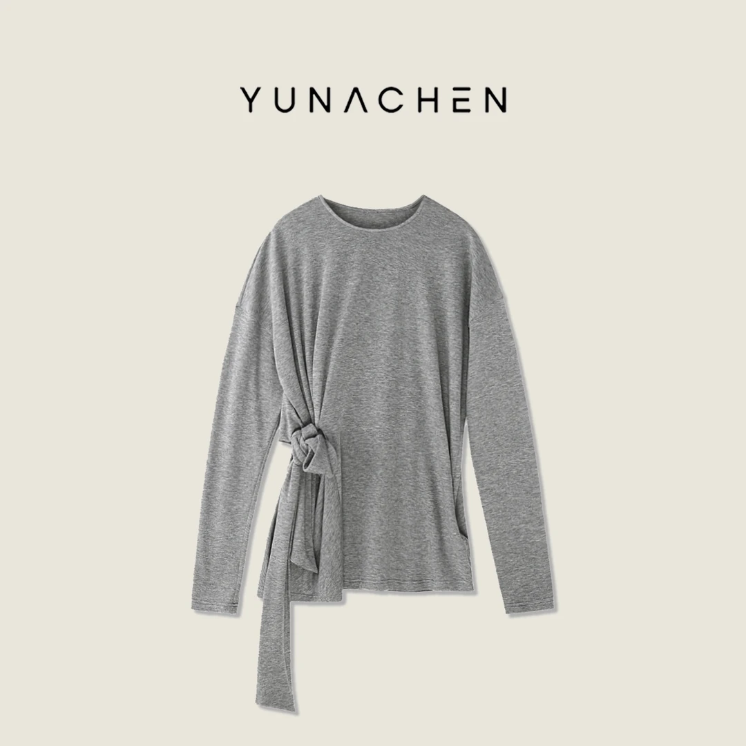 菠萝宝宝yuna【灰雾逸衫】灰色掐腰系带长袖T恤YH5