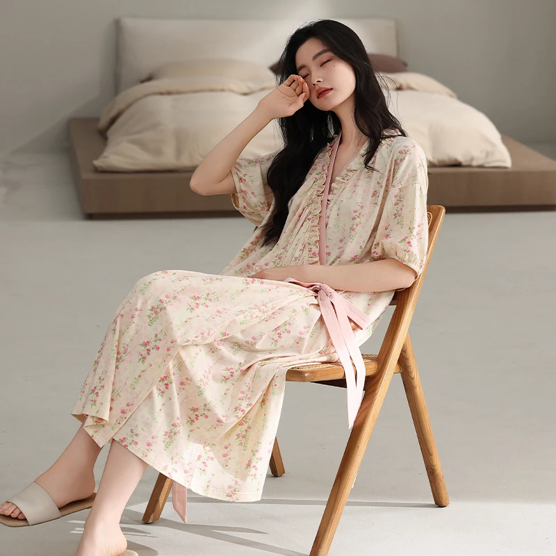 愉生活新款纯棉睡裙女夏季休闲短袖系带可外穿家居服过膝裙子薄款