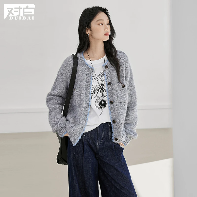 D01对白复古撞色钩花毛衣开衫女宽松针织外套FDE163