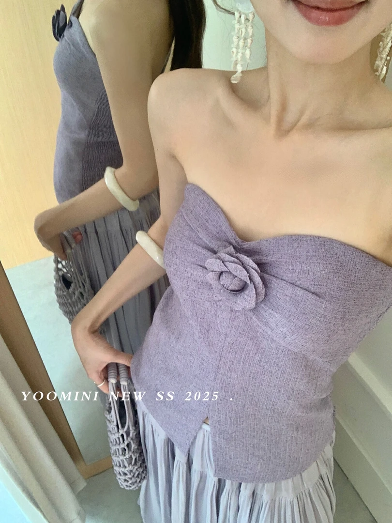 【福利no退换】16462修身开叉花朵带胸垫内搭抹胸小衫(配花朵胸针