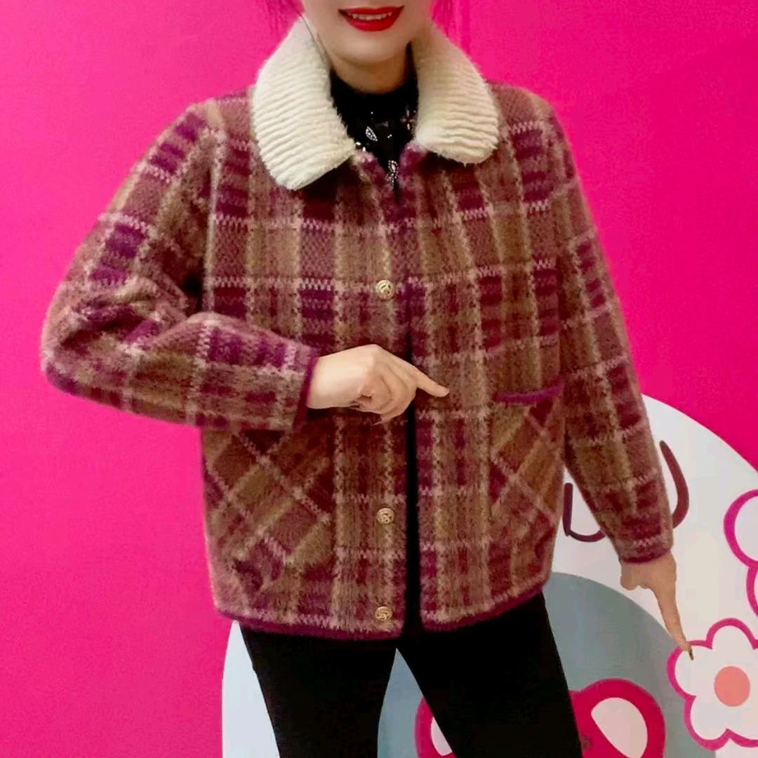 2025秋冬格子新款时尚毛呢外套短款上衣加厚小个子妈妈洋气开衫