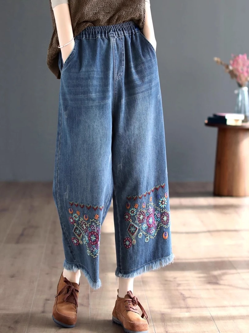 2025年复古民族风高腰重工刺绣牛仔裤女春秋季新款减龄宽松阔腿裤