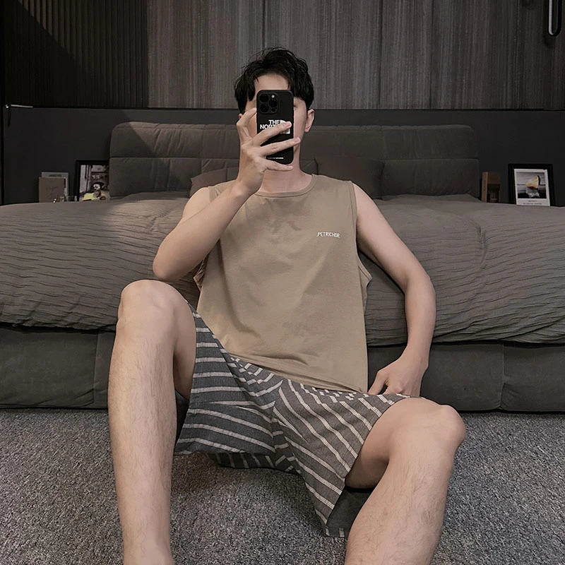 无袖背心男士薄款睡衣夏季冰丝2025新款夏天夏款莫代尔家居服套装