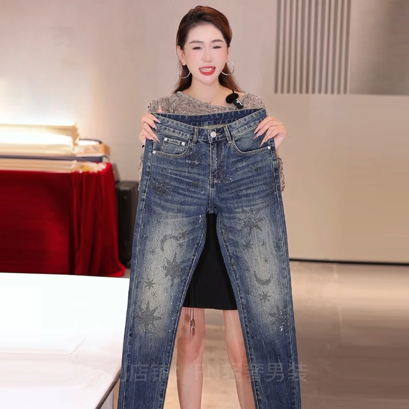 原创高端烫钻男士牛仔裤明星同款轻奢时尚修身百搭小直筒男款裤子