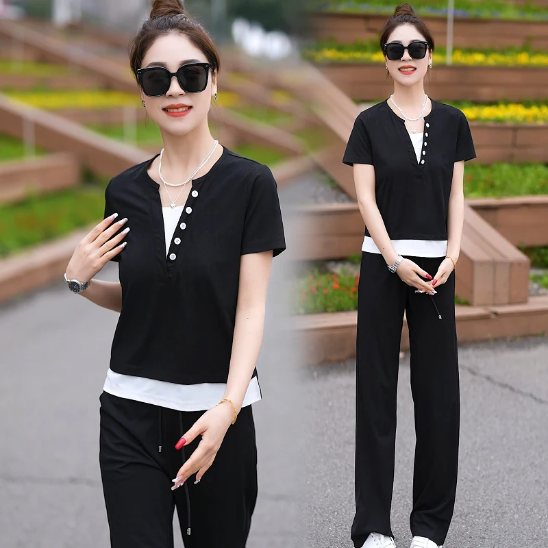 9820法式休闲套装小个子设计假两件上衣短袖t女直筒休闲裤两件套