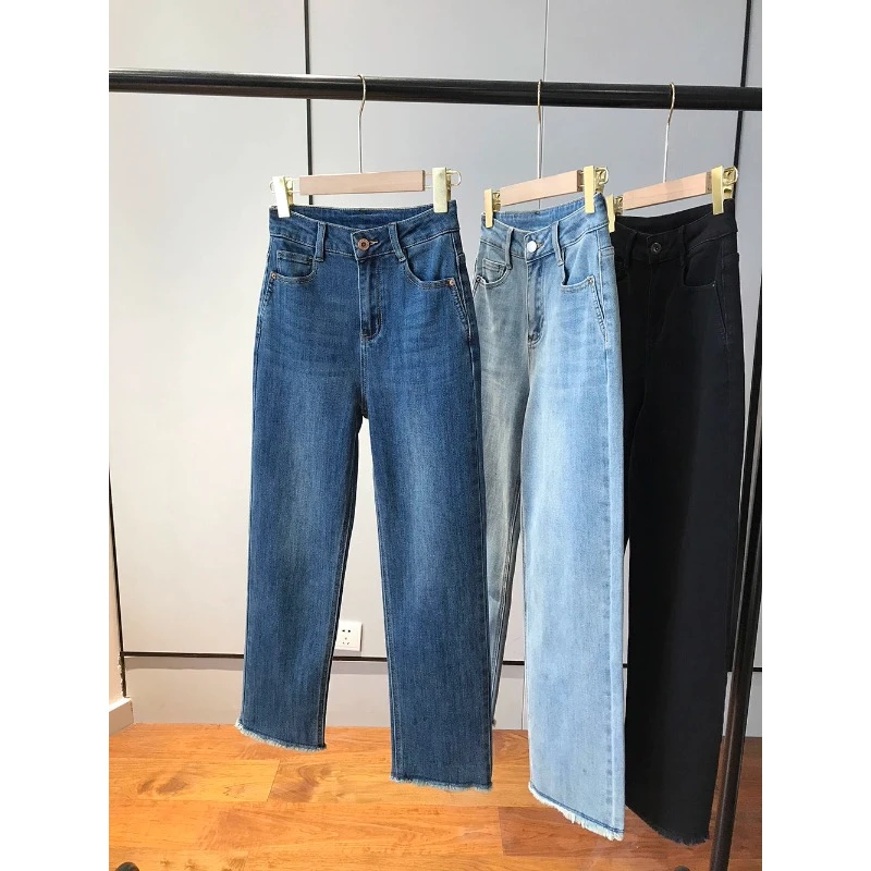 秋季新款遮肉显瘦高腰弹力小直筒九分毛边烟管法棍裤裤牛仔裤