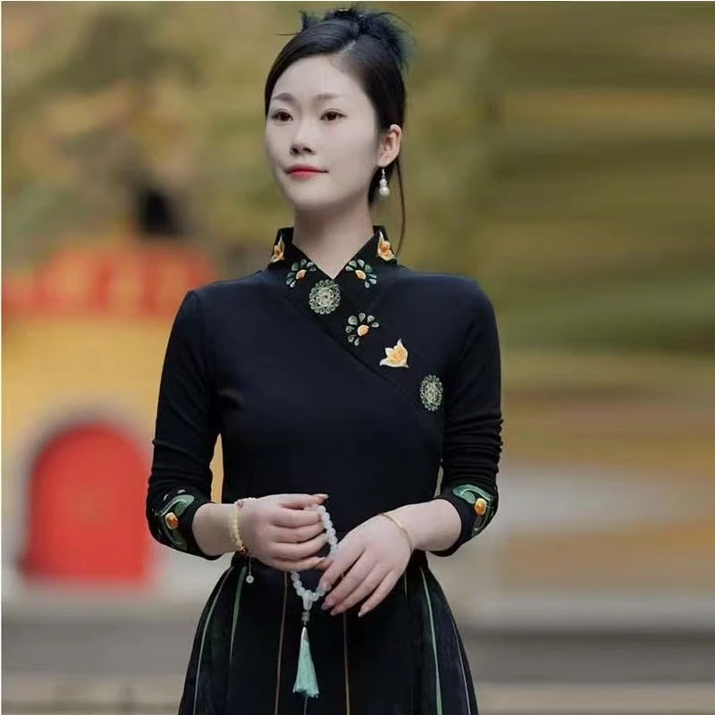 【锦绣江南】民族国风复古刺绣内搭t恤女新款春秋长袖修身打底衫