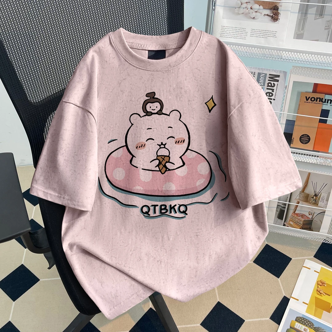 卡通吉伊卡哇印花女童扎染短袖t恤纯棉夏季款中大童洋气时髦上衣