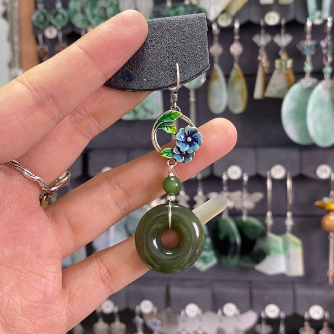 和田玉耳饰银S925镶嵌阳*X27