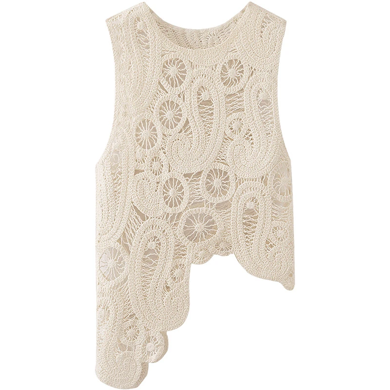 丝柏舍2025春装新款女装镂空无袖显瘦不规则圆领针织衫S51K2279Z