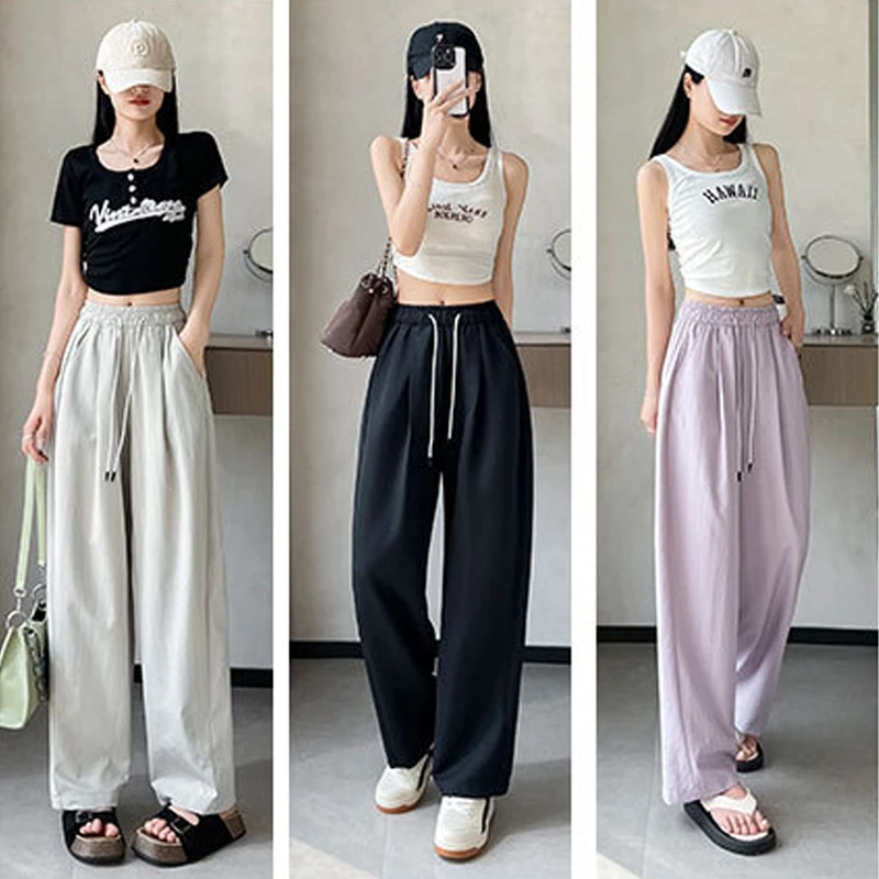 夏季宽松阔腿裤弯刀裤垂感休闲直筒显瘦抽绳薄款高腰慵懒休闲裤