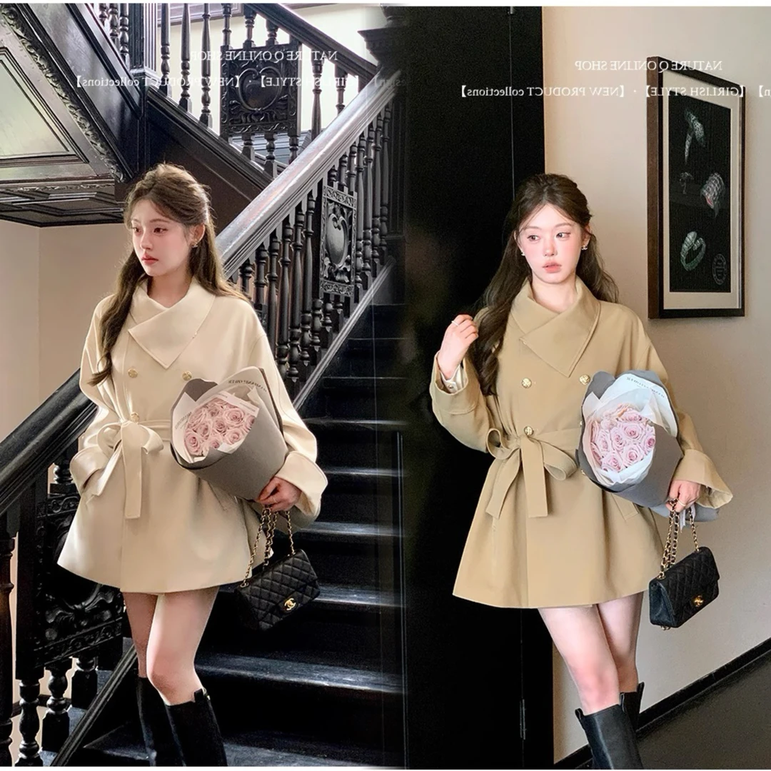 【木子】【有里布】【送腰带】系带收腰风衣外套女高级感大衣TX0048