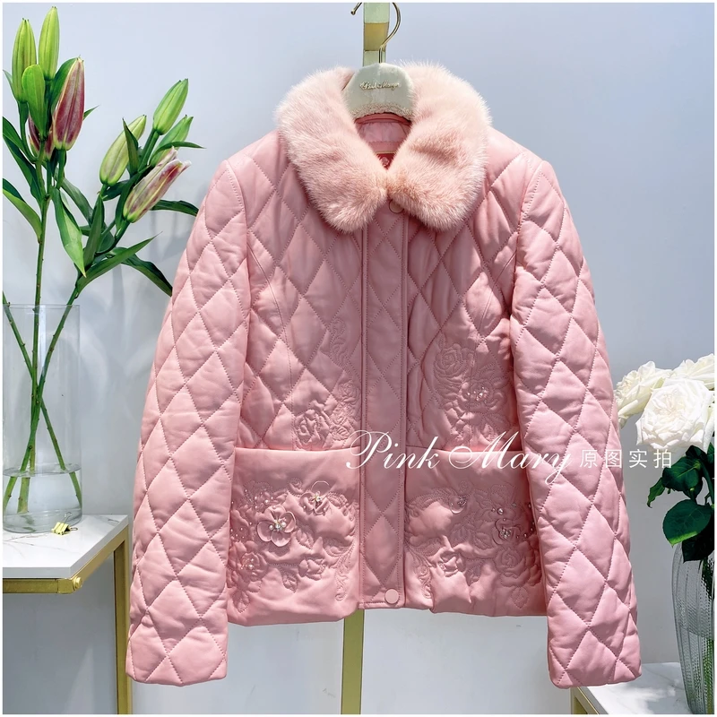 Pink Mary粉红玛琍粉色白鹅绒毛领羽绒服保暖外套女装PMALW770310