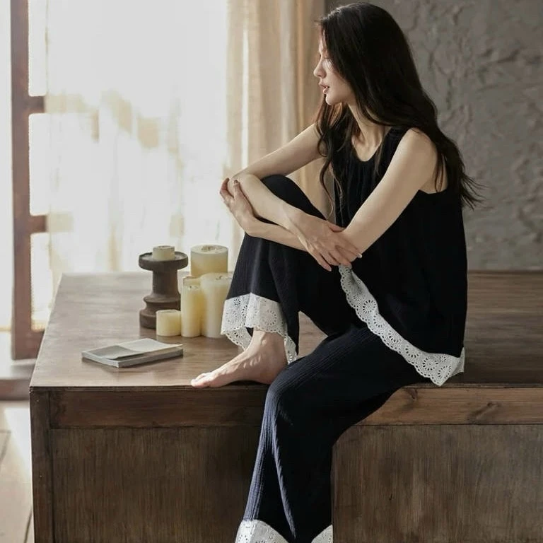 薄款女士纯棉纱睡衣新款带胸垫背心长裤蕾丝花边家居服可外穿套装