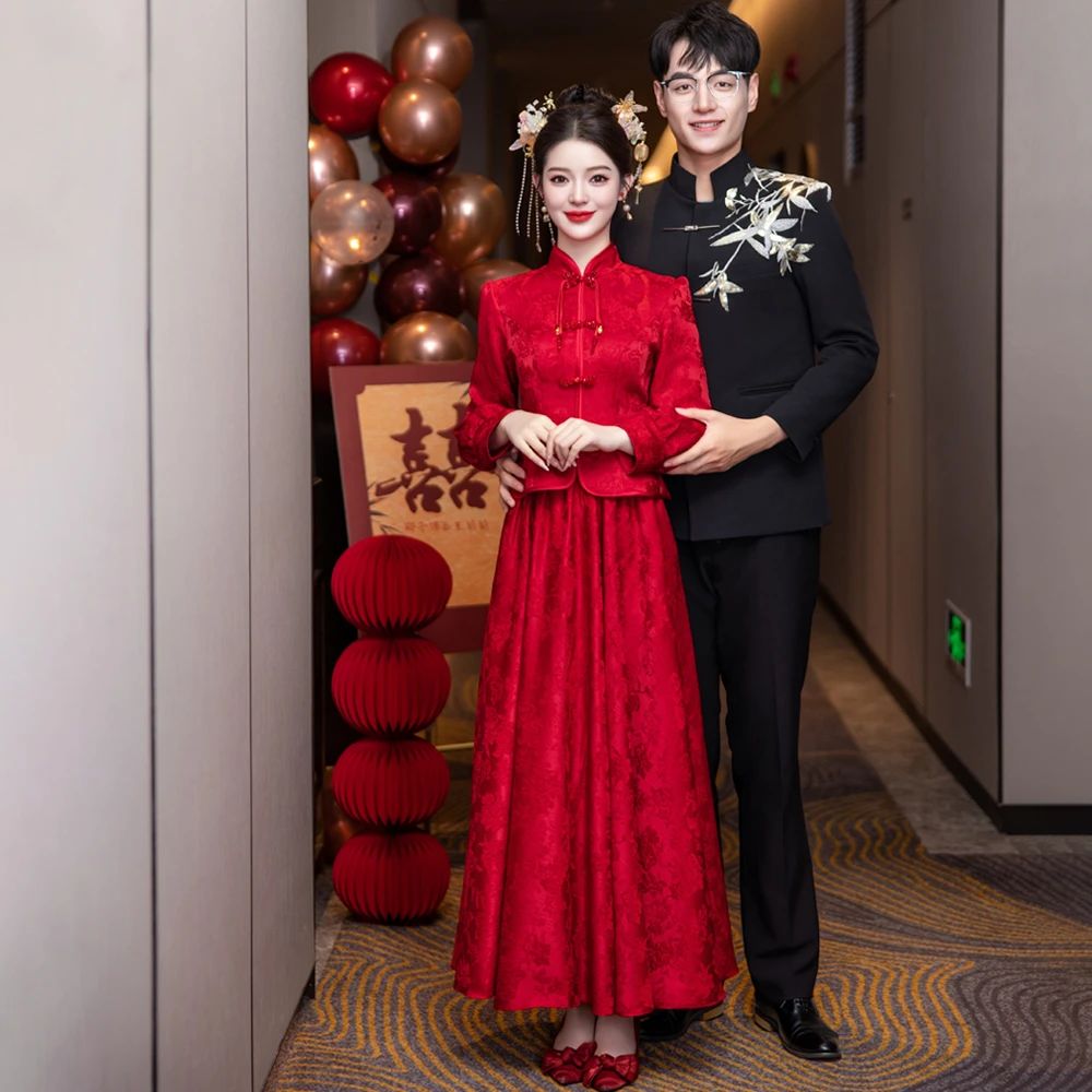 酒红色敬酒服新娘2025新款新中式高级感订婚礼服两件套回门服春季