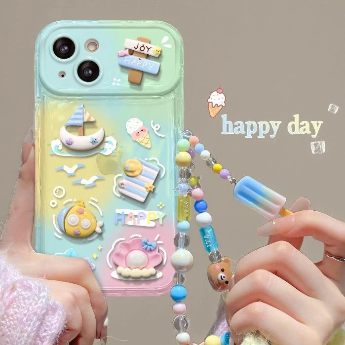 适用苹果15透明手机壳iphone14pro夏日海洋公仔链条13/12翻盖镜子